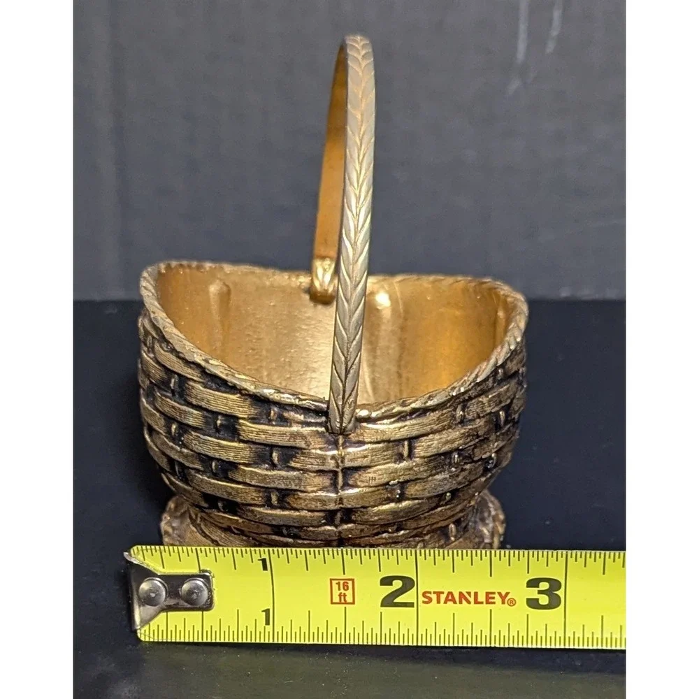 Vintage Solid Brass Woven Basket With Braided Handle Original Felt Bottom 3.75